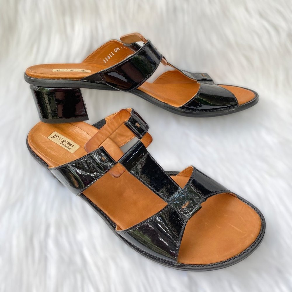 Paul Green Munchen 6 1/2‎ (fit US 8, 38) slip on heel sandals black patent